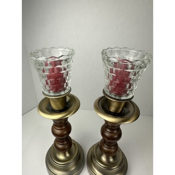 Vintage Homco Wood and Brass Candlestick Holders With Clear Glass Votives - Picture 2 of 8